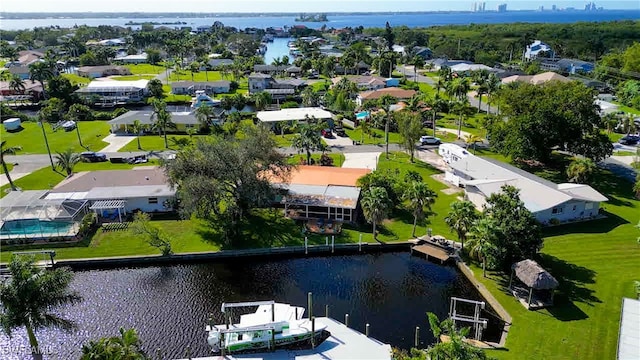 bird's eye view with a water view