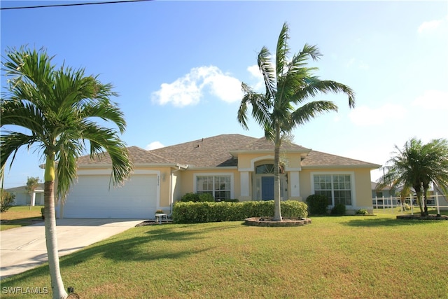 ranch-style house featuring a front yard and a garage