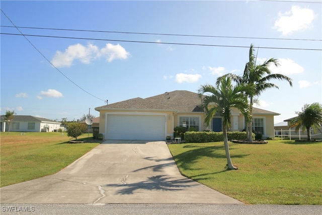 ranch-style house with a front yard and a garage