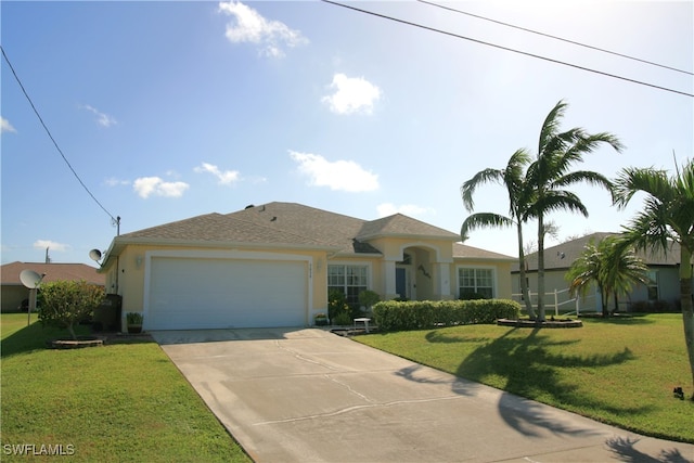 ranch-style home with a front lawn and a garage