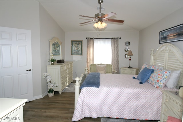 bedroom with ceiling fan and dark hardwood / wood-style floors