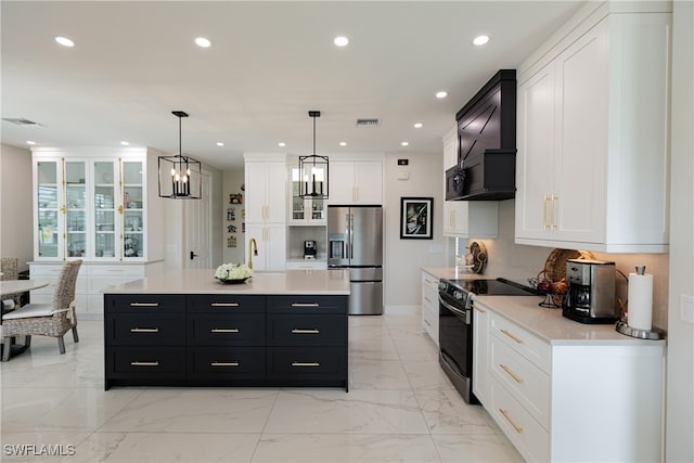 kitchen featuring white cabinets, hanging light fixtures, stainless steel refrigerator with ice dispenser, black range with electric cooktop, and a center island