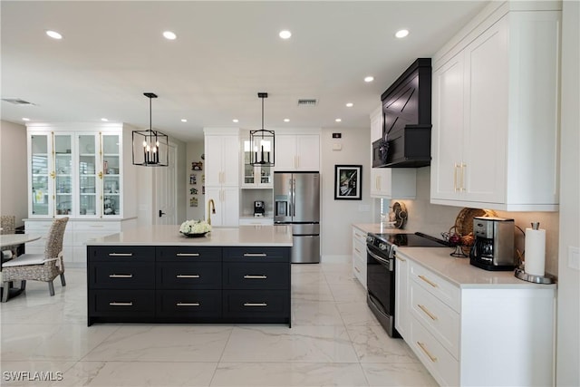 1045 Cottonwood Ct, Marco Island, FL 34145 - kitchen featuring stainless steel refrigerator with ice dispenser, black range with electric cooktop, dark cabinets, custom range hood, and white cabinetry