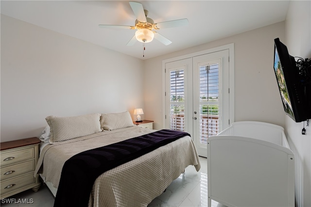 bedroom with ceiling fan and access to exterior