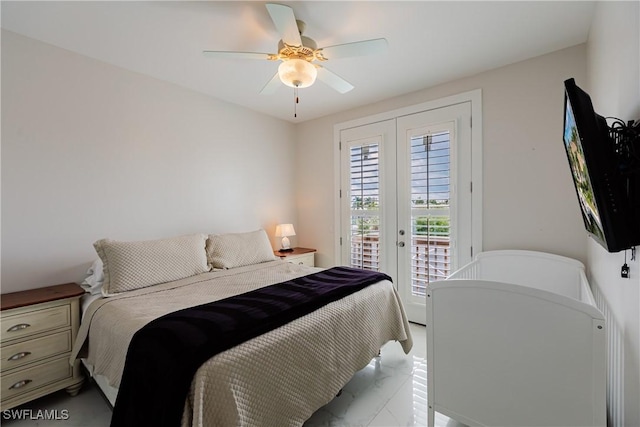 1045 Cottonwood Ct, Marco Island, FL 34145 - bedroom with french doors, access to outside, light marble finish floors, and ceiling fan