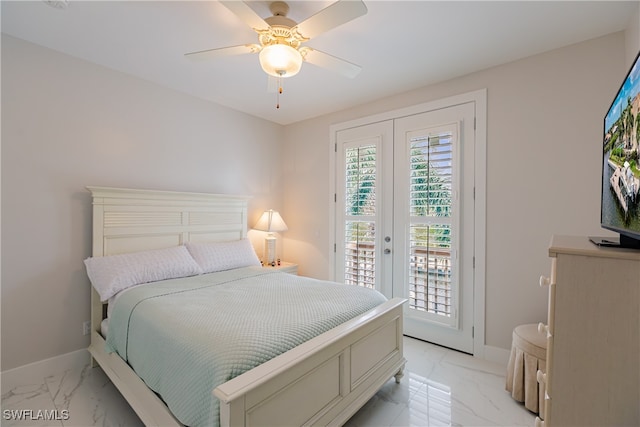 bedroom with access to outside, french doors, and ceiling fan