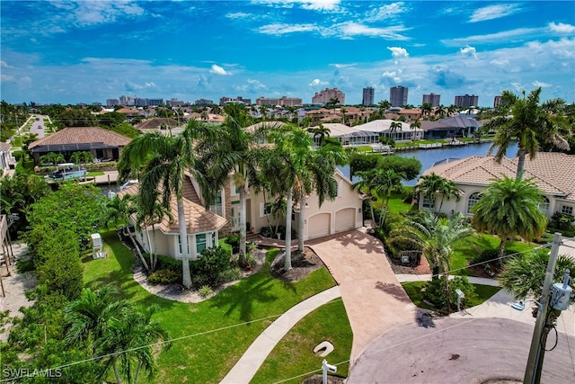 drone / aerial view featuring a water view