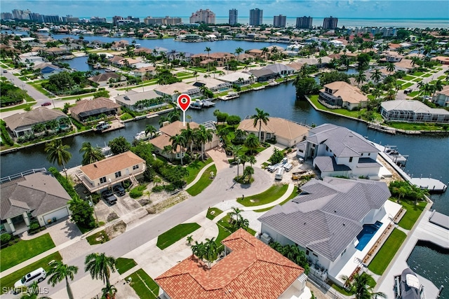 drone / aerial view featuring a water view