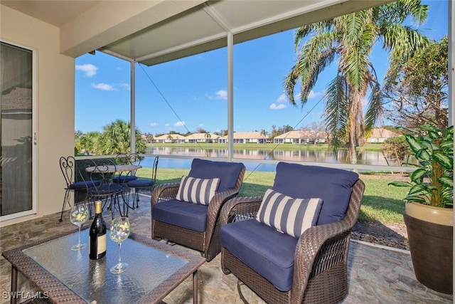 view of patio / terrace featuring a water view