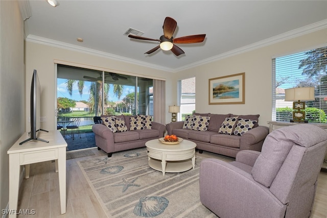 living room featuring a wealth of natural light, crown molding, and light hardwood / wood-style flooring