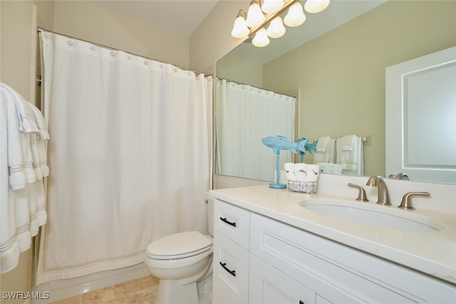 bathroom with vanity, a shower with curtain, toilet, and tile patterned floors