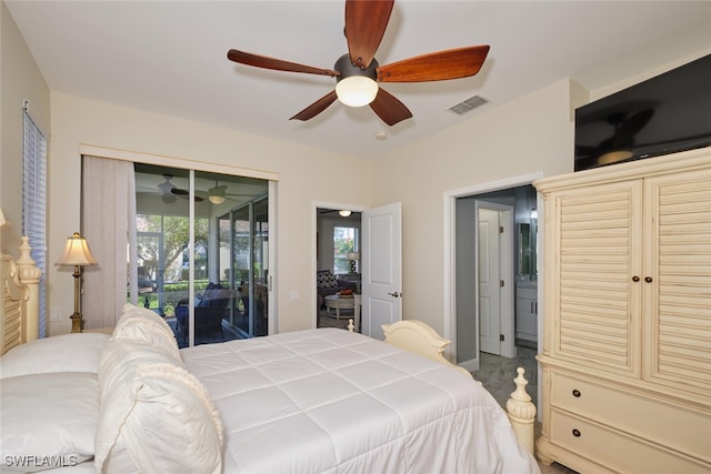 bedroom with a closet, carpet flooring, access to outside, and ceiling fan