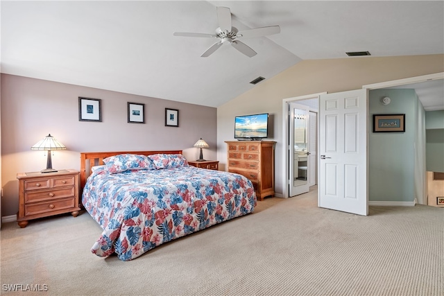 carpeted bedroom featuring ceiling fan and lofted ceiling