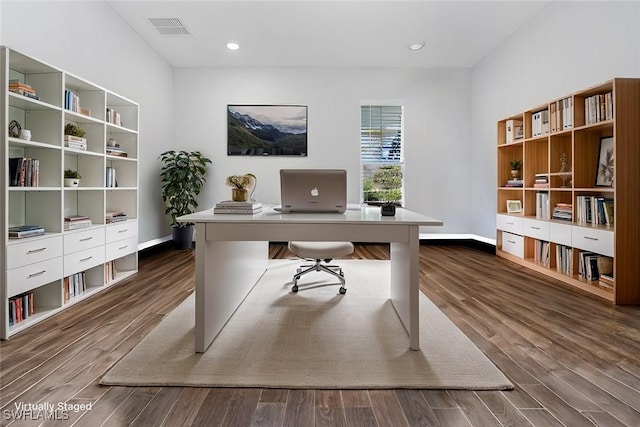 office area with dark wood-type flooring