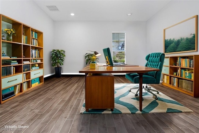 office space with wood finish floors, visible vents, and recessed lighting