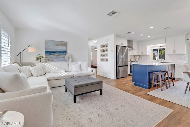 living room featuring sink, light hardwood / wood-style floors, and a healthy amount of sunlight