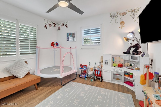 game room with hardwood / wood-style floors and ceiling fan