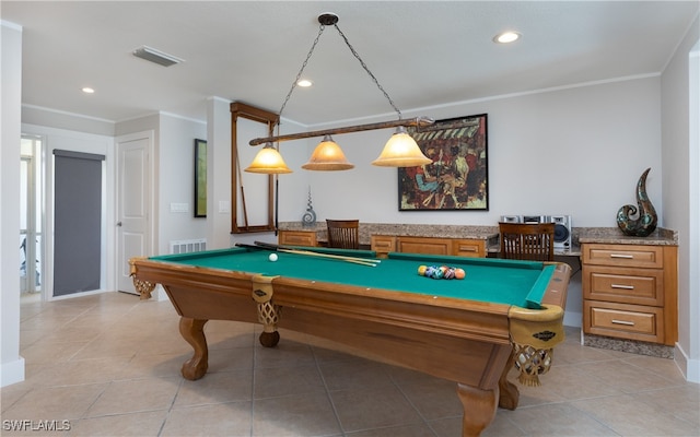 game room featuring ornamental molding, billiards, and light tile patterned floors