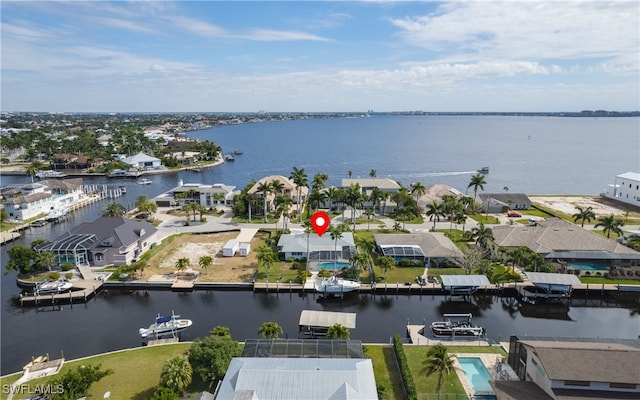 drone / aerial view featuring a water view