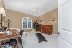 office area featuring light colored carpet and ceiling fan