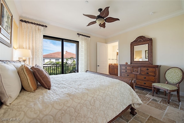 bedroom with access to outside, ensuite bathroom, crown molding, and ceiling fan