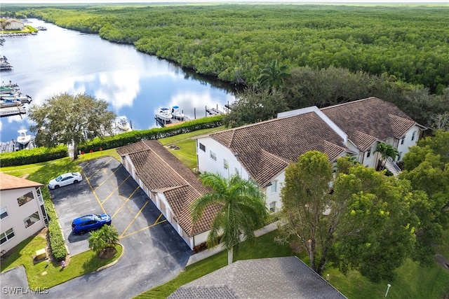 birds eye view of property with a water view