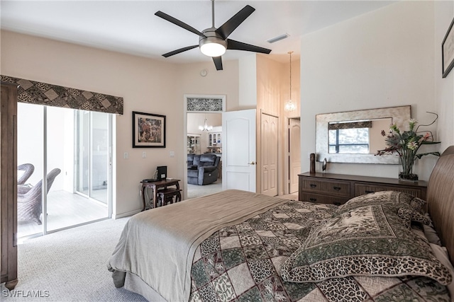 carpeted bedroom featuring ceiling fan and access to outside