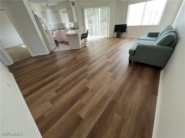 living room with sink and dark hardwood / wood-style flooring