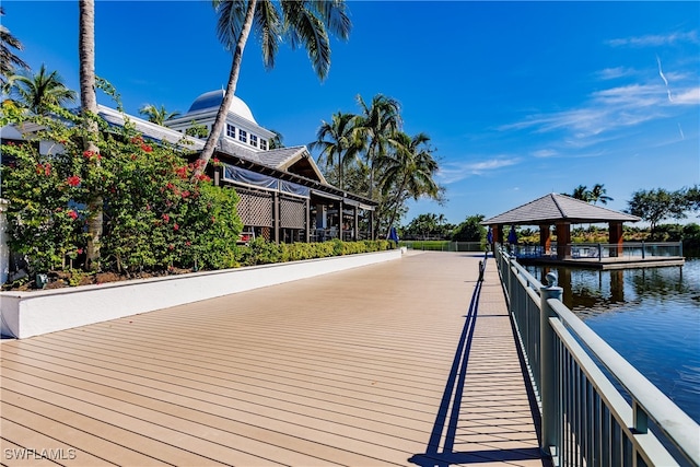 dock area featuring a water view and a gazebo