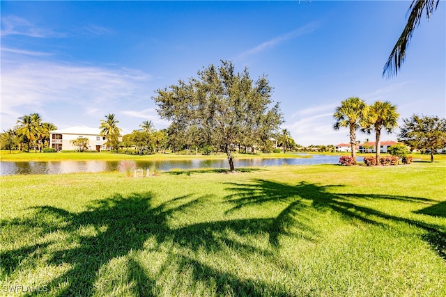 surrounding community featuring a lawn and a water view