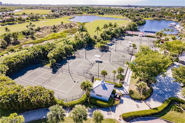 bird's eye view with a water view