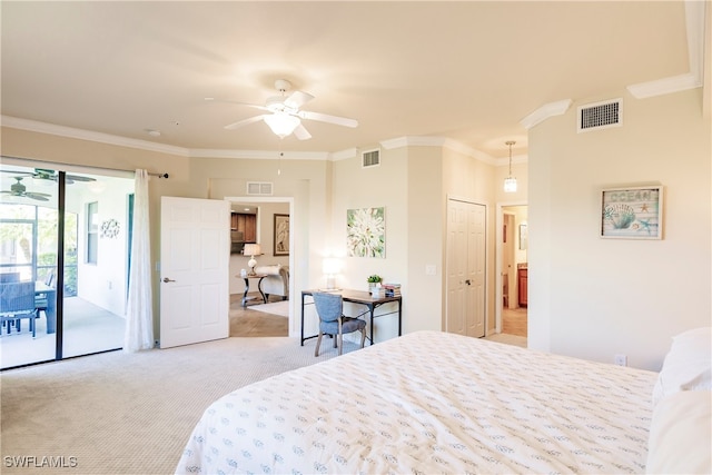 bedroom with access to exterior, a closet, ceiling fan, light carpet, and ornamental molding