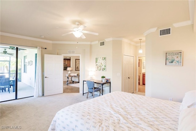 3157 Aviamar Cir Unit 102, Naples, FL 34114 - bedroom featuring access to outside, light colored carpet, crown molding, and ceiling fan