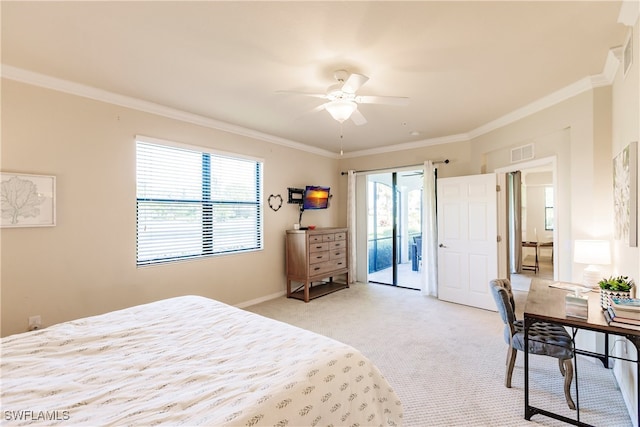 bedroom featuring access to exterior, light carpet, multiple windows, and ceiling fan