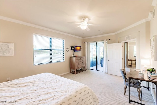 3157 Aviamar Cir Unit 102, Naples, FL 34114 - bedroom with access to outside, light colored carpet, multiple windows, crown molding, and a ceiling fan