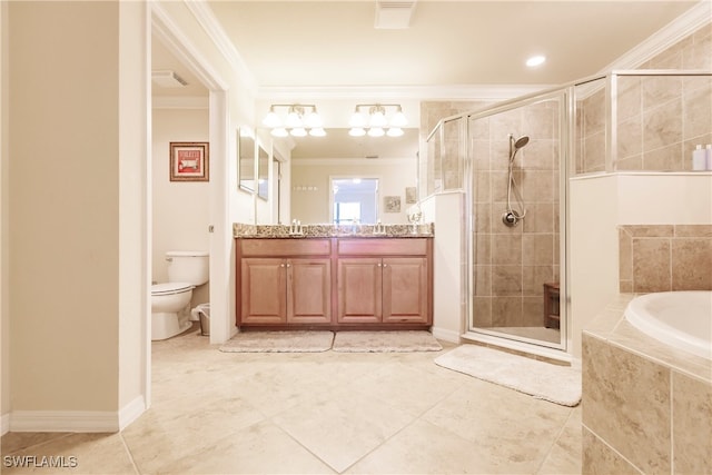 full bathroom with plus walk in shower, toilet, tile patterned floors, vanity, and crown molding