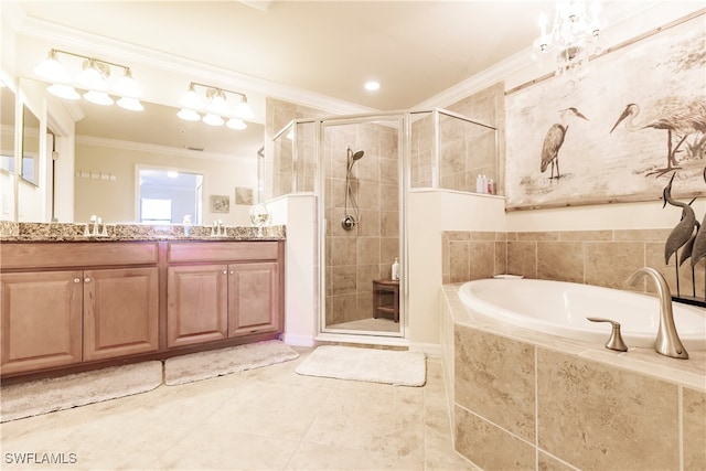 bathroom featuring vanity, plus walk in shower, ornamental molding, and tile patterned flooring