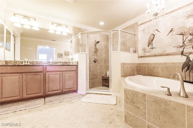 3157 Aviamar Cir Unit 102, Naples, FL 34114 - bathroom featuring ornamental molding, a garden tub, a shower stall, double vanity, and tile patterned flooring