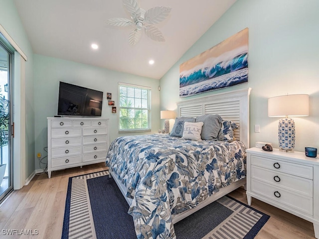 bedroom with light hardwood / wood-style floors, access to outside, vaulted ceiling, and ceiling fan