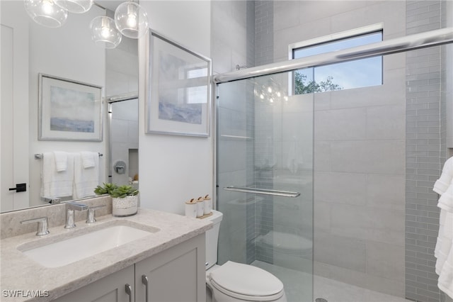 bathroom featuring vanity, toilet, and walk in shower