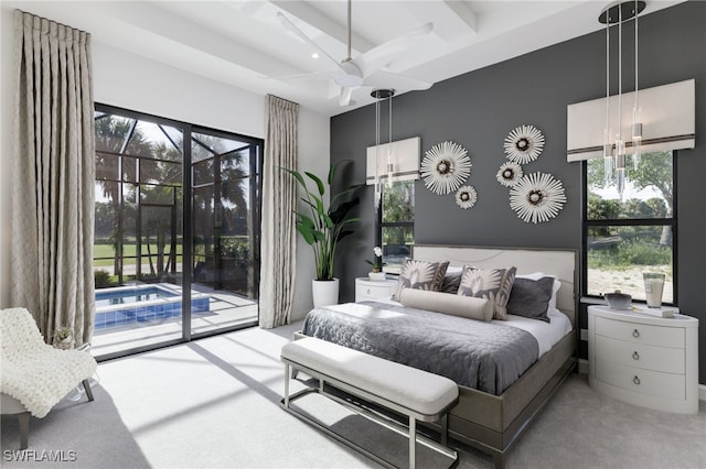 bedroom featuring beamed ceiling, carpet flooring, access to outside, and ceiling fan