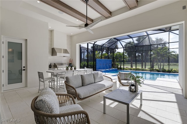 view of patio with glass enclosure, grilling area, ceiling fan, pool water feature, and outdoor lounge area