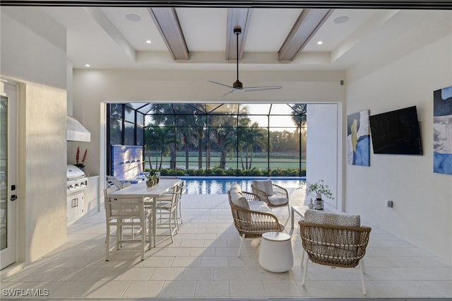 exterior space with outdoor dining space, ceiling fan, an outdoor pool, glass enclosure, and a grill