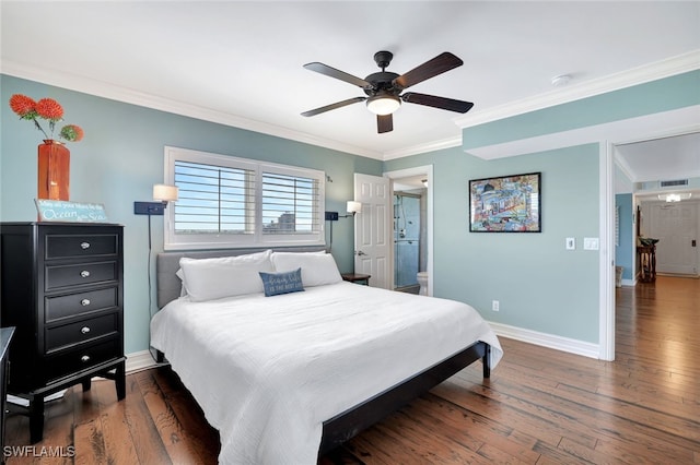 bedroom with connected bathroom, crown molding, ceiling fan, and dark wood-type flooring