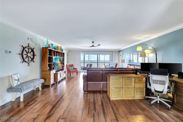 living room with ceiling fan, dark hardwood / wood-style flooring, and crown molding