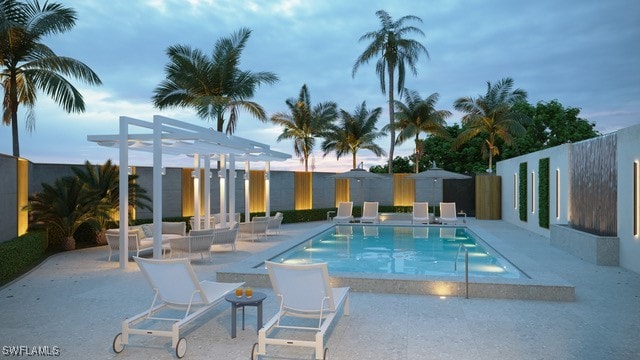 pool at dusk featuring a patio area