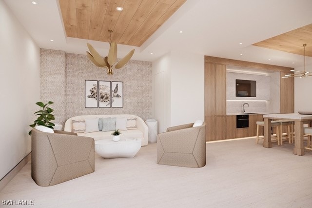 living room with ceiling fan with notable chandelier, wood-type flooring, wooden ceiling, and sink