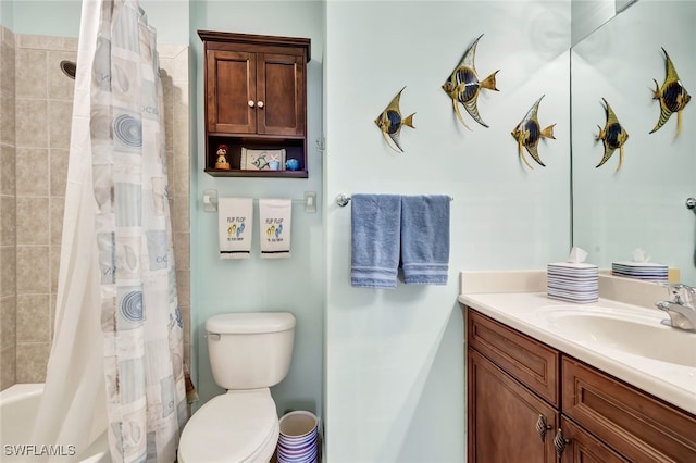 full bathroom with vanity, toilet, and shower / tub combo with curtain