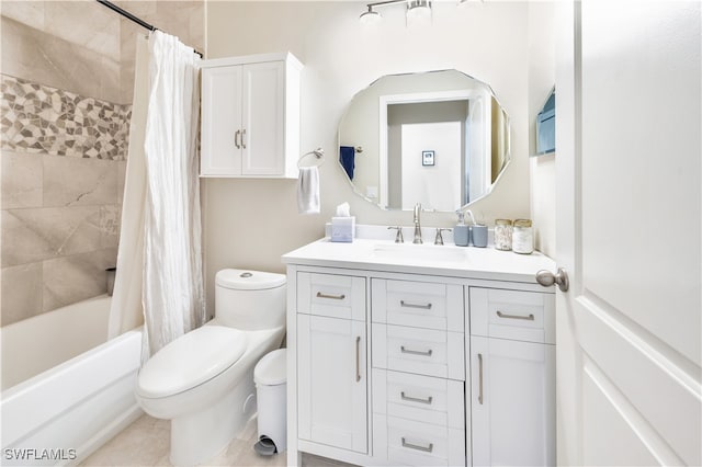 full bathroom featuring toilet, shower / tub combo with curtain, vanity, and tile patterned floors