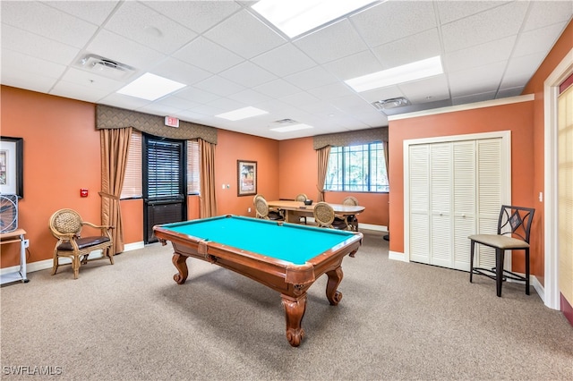 game room featuring a paneled ceiling, carpet flooring, and pool table